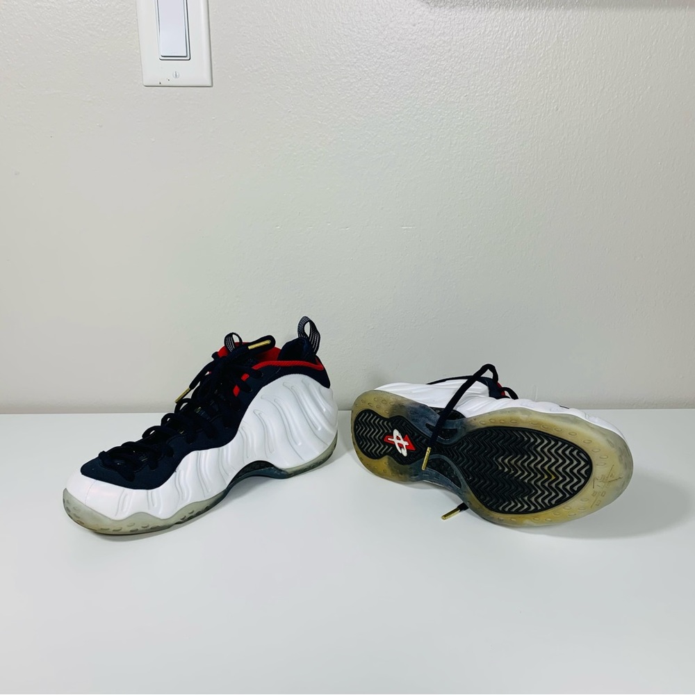 Nike Air Foamposite One PrM Olympic, size 9, color fluorescent white, navy & red